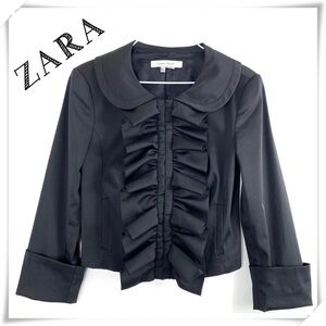 Zara Basic Ruffle Front Satin Blazer Jacket Black